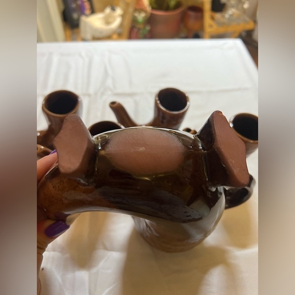 Bulgarian pottery horn decanter with glasses set - Picture 4 of 5